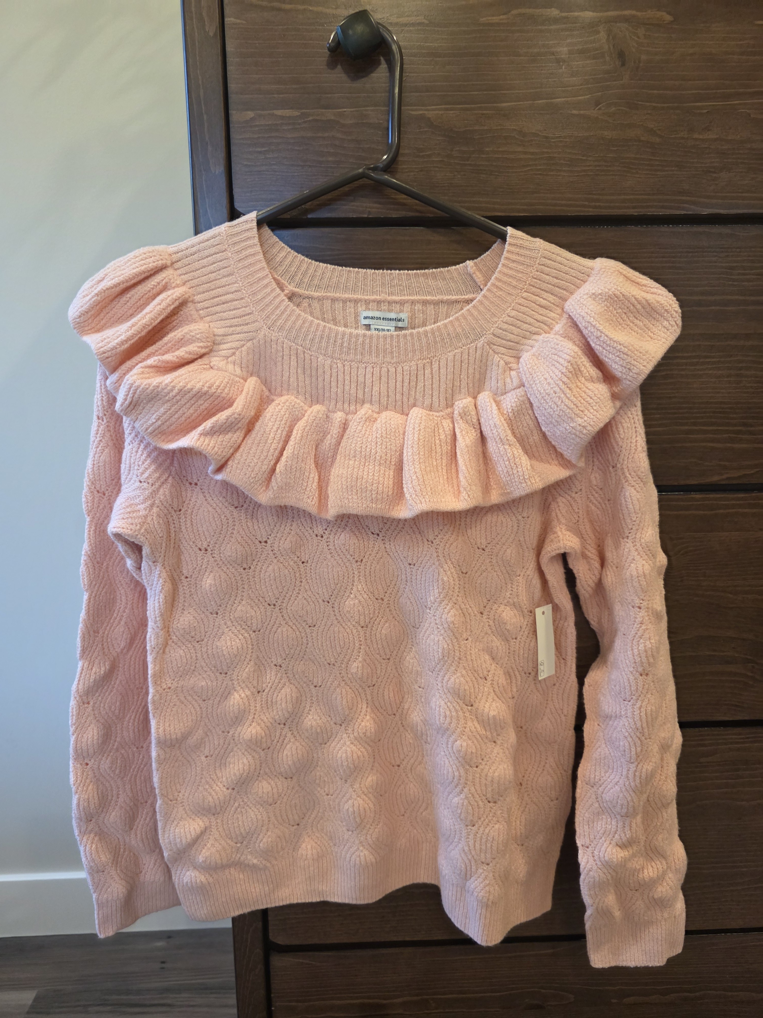 Amazon Essentials Girls Xxl 14-16 Pink Ruffled Cable-Knit Sweater